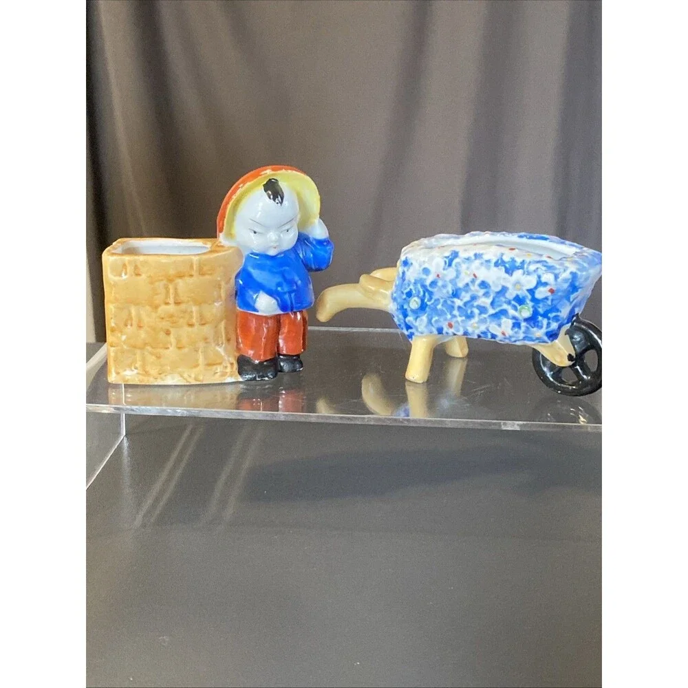 2 Vintage Occupied Japan Toothpick Holders Cart And Little Boy